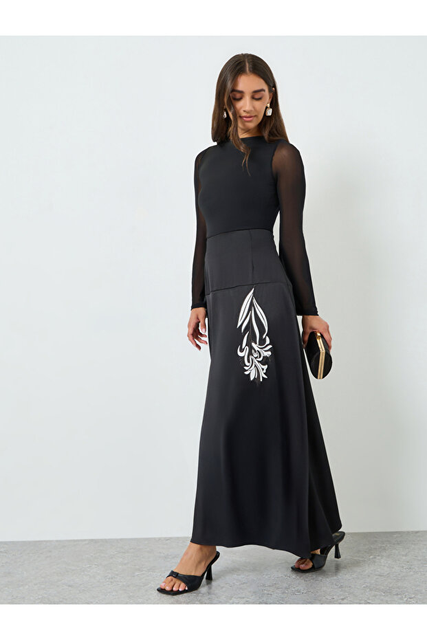Women Black Embroidered A-Line Maxi Skirt