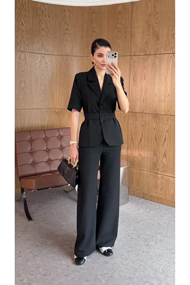 Belted Jacket-Pants Black Set - 1