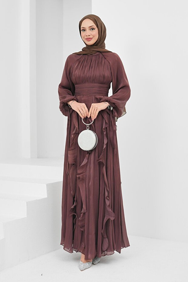 Dusty Rose Draped Front Evening Dress with Tie Sleeves