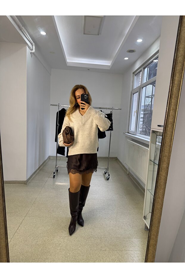 BEJ SATEN ELBİSELİ TRİKO - 1