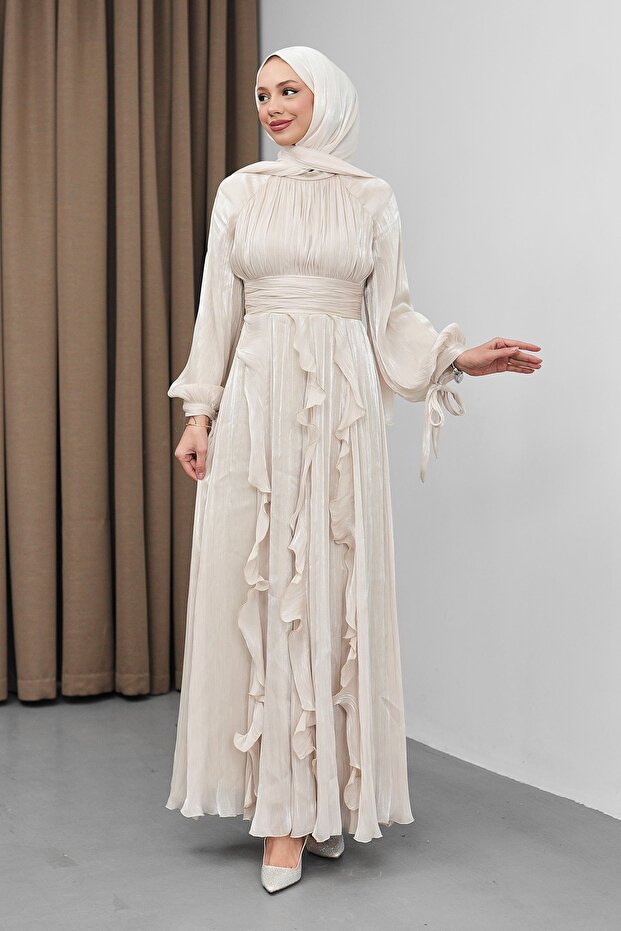 Beige Draped Front Evening Dress with Tie Sleeves