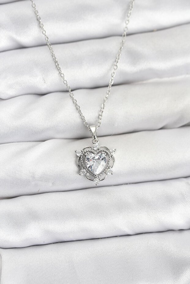 Chain Silver Color Heart Model Zircon Stone Women's Necklace - Ebj260130W39309