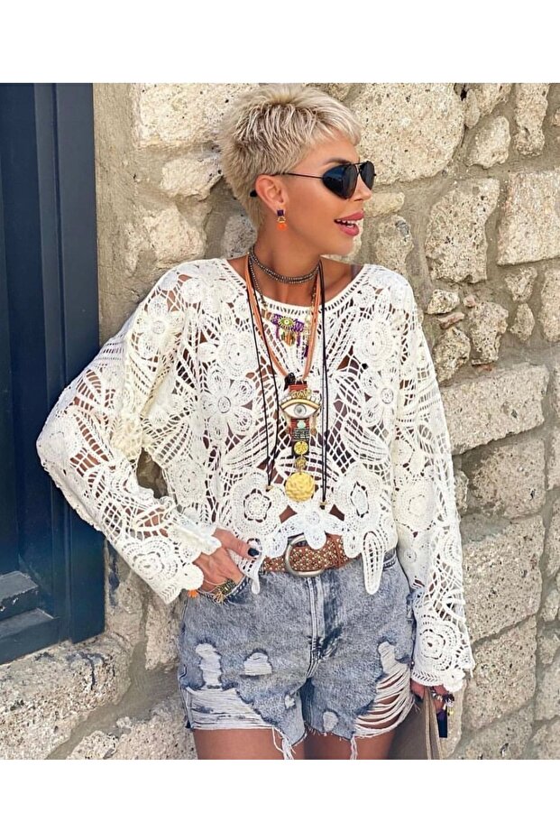 Süzene Knitted Patterned Knitwear Long-Sleeved Crop