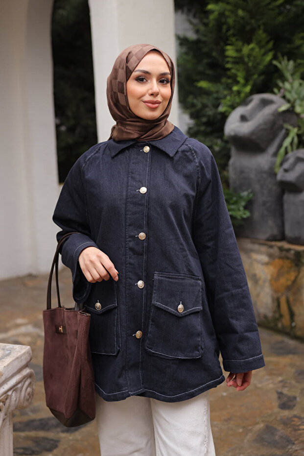 Navy Blue Pocketed Lined Denim Jacket