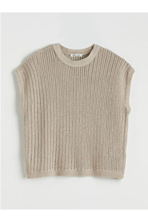 Beige Crew Neck Openwork Women's Knitwear Sweater