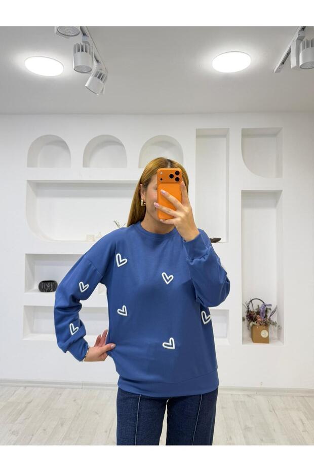 Modal Textured Sweatshirt with Heart Embroidery Detail