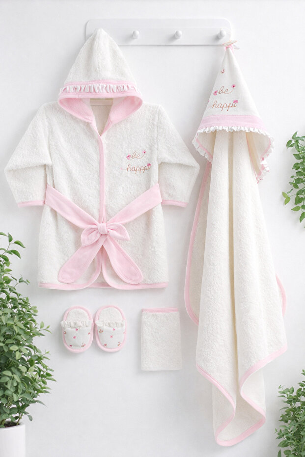 4-Piece Baby Set with Floral Embroidery, Bathrobe, Towel, Booties – 100% Cotton