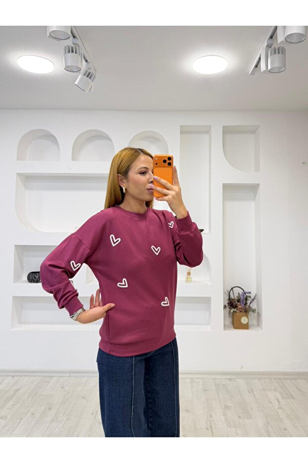 Modal Textured Sweatshirt with Heart Embroidery Detail