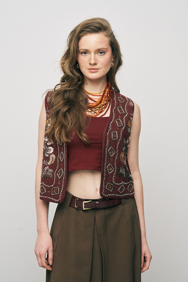 Women's Ethnic Sparkle Handcrafted Beaded and Embroidered Liyosel Crop Vest