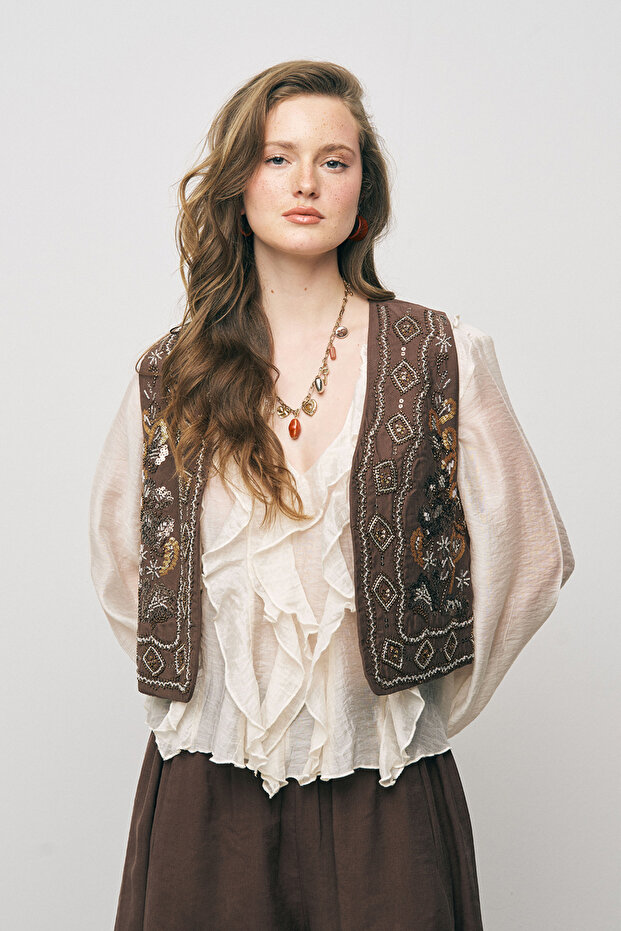 Women's Ethnic Sparkle Handcrafted Beaded and Embroidered Liyosel Crop Vest
