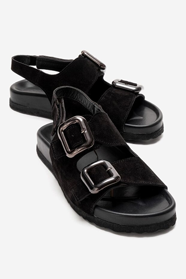 Janset Women's Genuine Leather Sandals Black Suede
