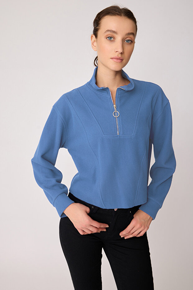 Dik Yaka Fermuarlı Örme Sweatshirt - 2