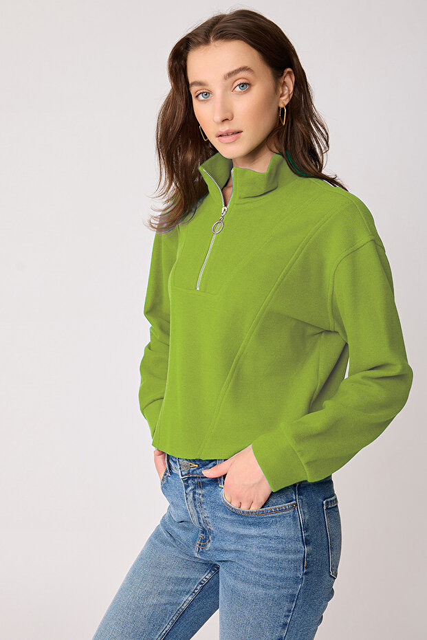 Dik Yaka Fermuarlı Örme Sweatshirt - 3