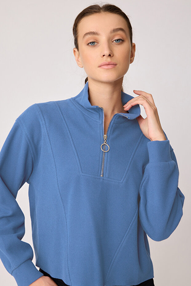 Dik Yaka Fermuarlı Örme Sweatshirt - 3