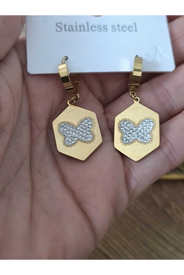 Gold Color Butterfly Figured Stone Steel Dangle Earrings