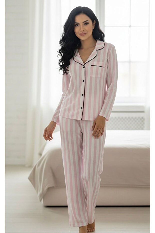 Buttoned Classic Striped Relaxed Fit Wrinkle Resistant Fade Resistant Meter Print Premium Pajama Set