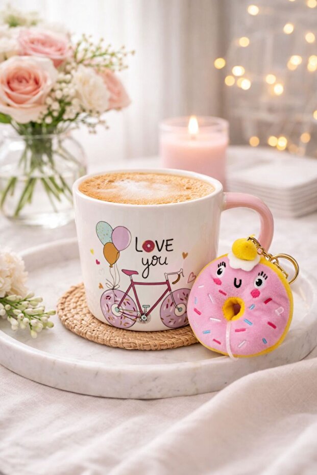 Porcelain Coffee Cup with Love You Written + Donut Keychain Gift – Cute Design Mug