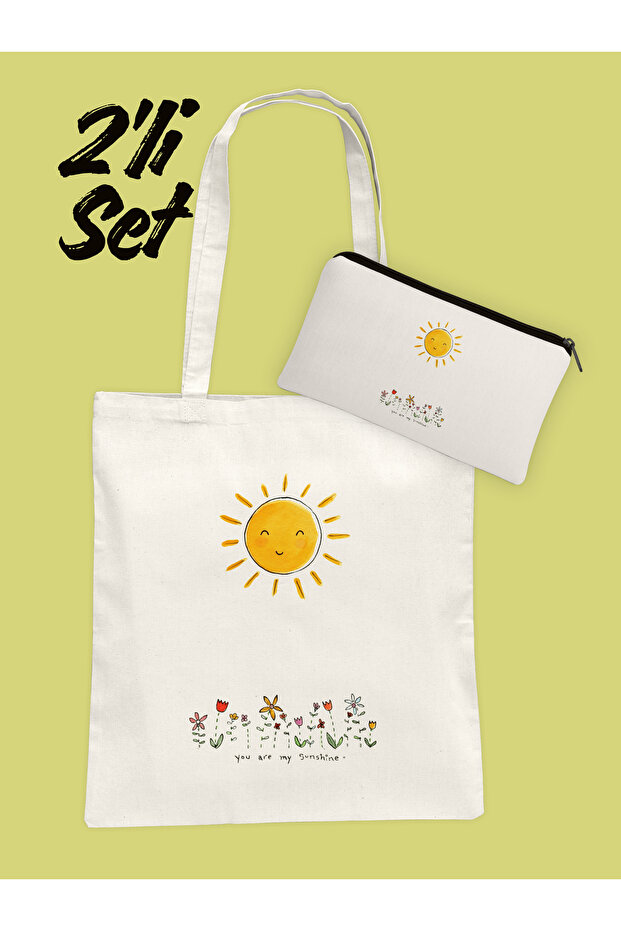 Sun and Flower Patterned Cloth Bag and Pen Holder Set