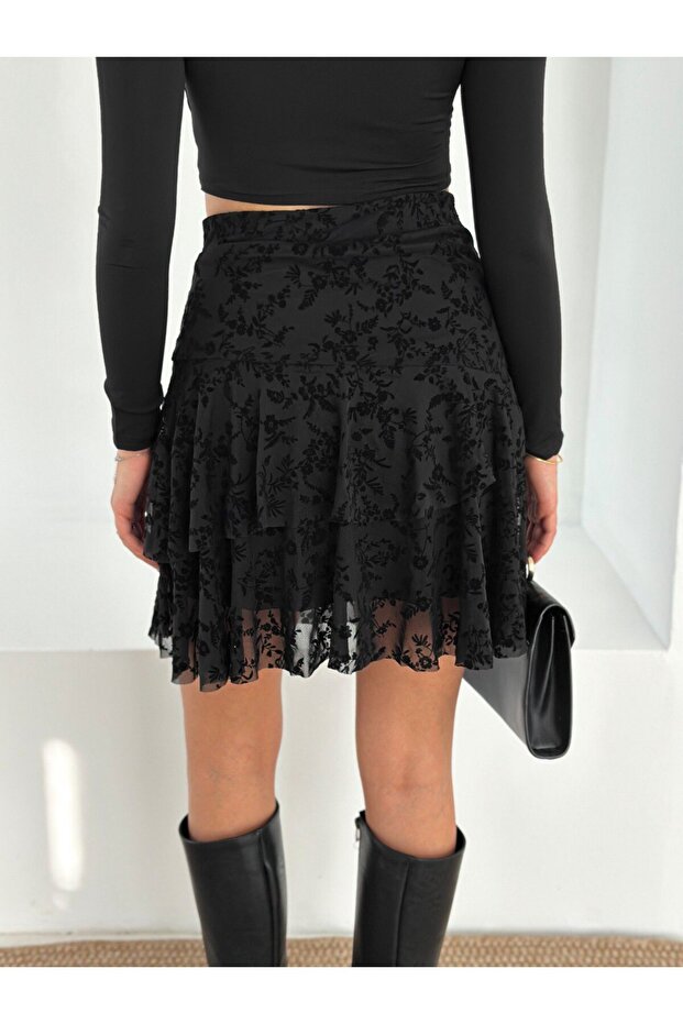 Flok Baskılı Tüllü Astarlı Mini Etek - 5