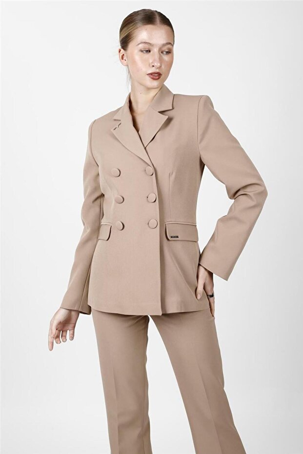 Buttoned Classic Blazer Jacket-Stone - 1181100