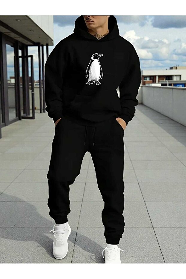Men's Alt Top Set Lone Penguen Print Design Hooded Sweatshirt