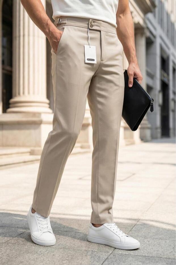 Gurkha Style Side Adjustable Metal Buckle Slim Fit Men's Suit Trousers Special Cut Double-Breasted Waist