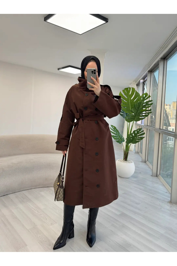 Women's Brown Full Buttoned High Collar Trench Coat