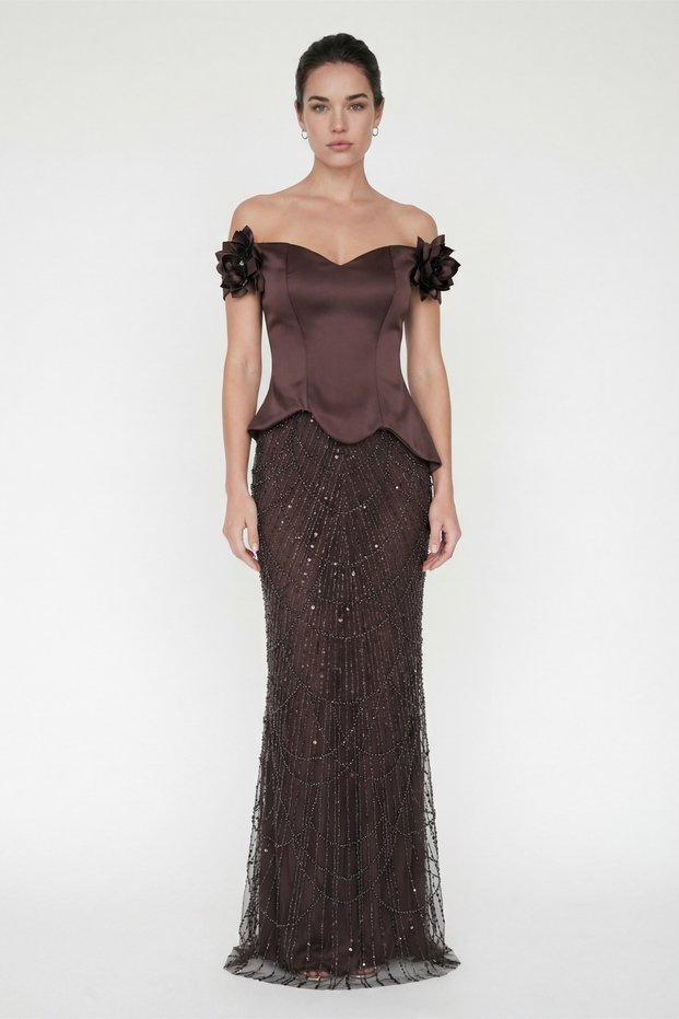Women's Brown Boat Neck Floral Detail Long Rhinestone Evening Dress
