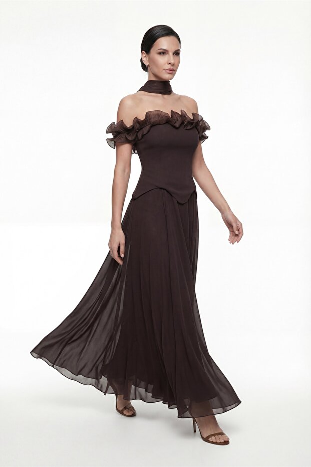 Women's Brown Ruffle Detailed Long Engagement Wedding Evening Dress