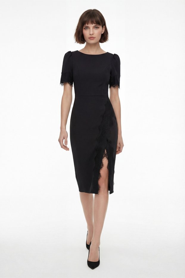 Women's Black Lace Detail Midi Event Dress