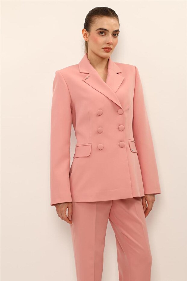Buttoned Classic Blazer Jacket-Powder - 1181100