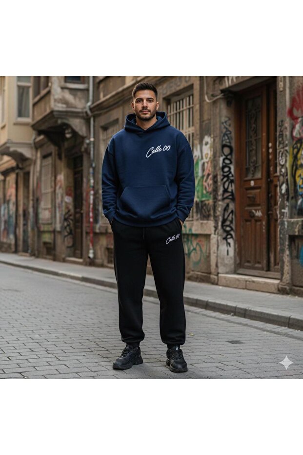 Calle 00 Men's 3 Thread Threaded Oversize Hoodie Tracksuit Set