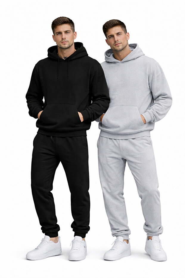 Men's Black-Grey 2-Piece Set Hooded Tracksuit Set Winter Kangaroo Pocket Cotton Lining