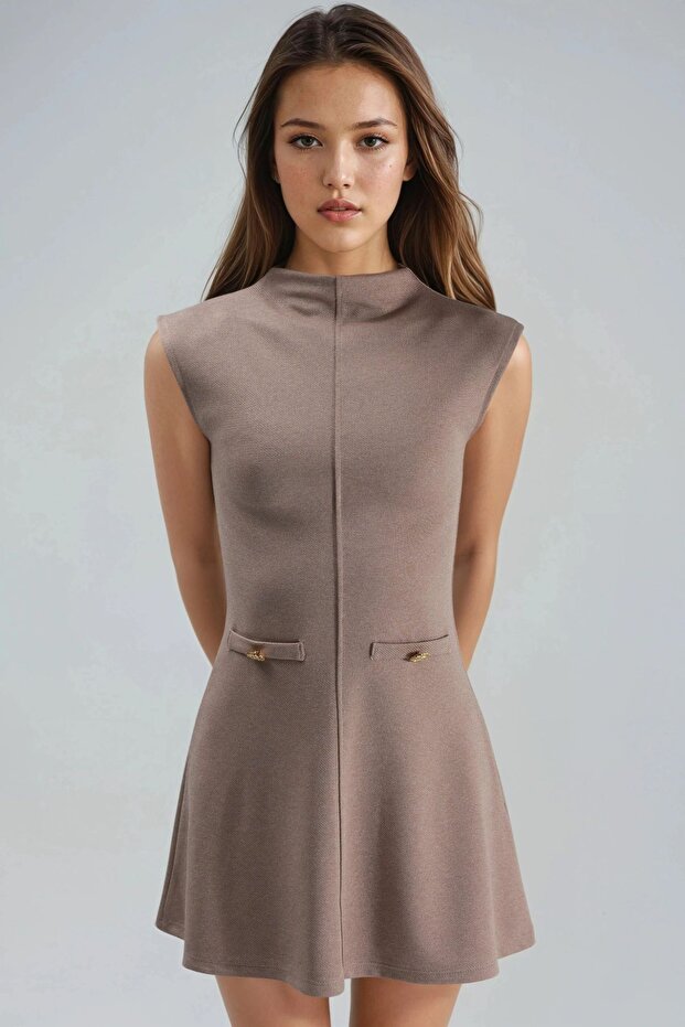 BUSEM Dik Yaka Cep Detaylı Mini Elbise - 7