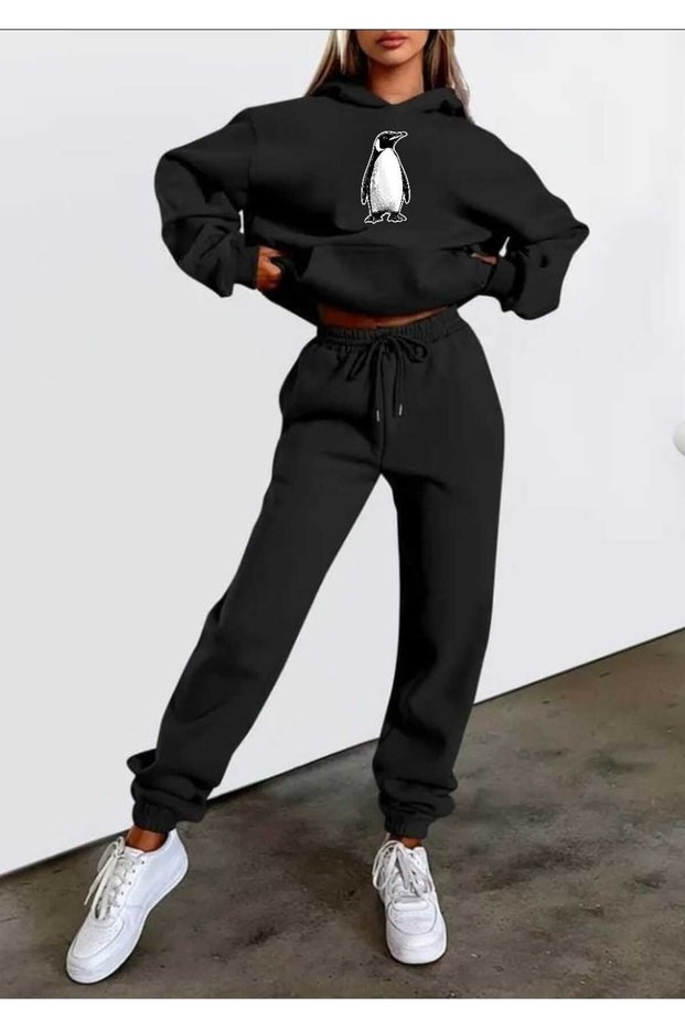 Women's Bottom Top Set Lone Penguen Fashion Print Design Hooded Sweatshirt