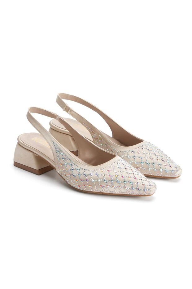 Stoned Short Heel Women's Shoes Satin Material