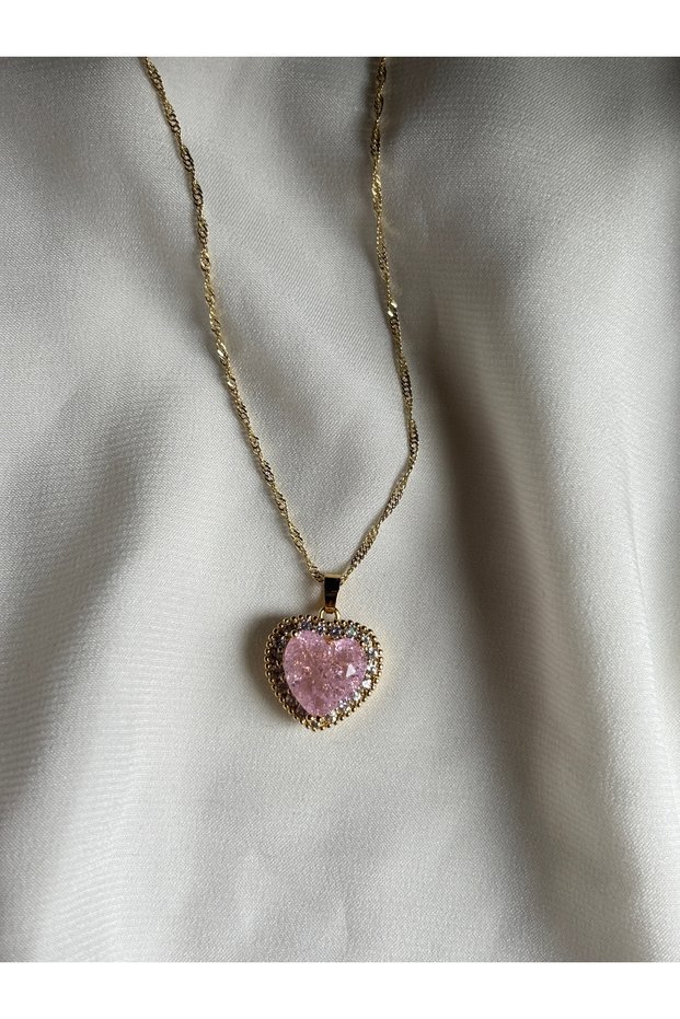 Stainless Steel Spiral Gold Chain Pink Heart Zircon Stone Necklace