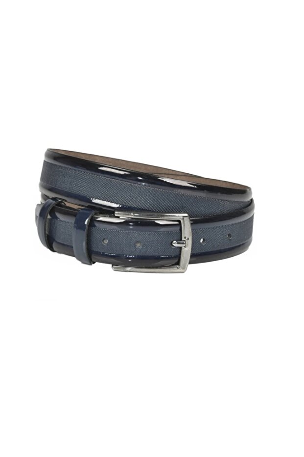 Men's Navy Blue 3.5 cm Flat Sides - Middle Needle-Punched Laser Embroidered Patent Leather Classic Faux Leather Belt 148948