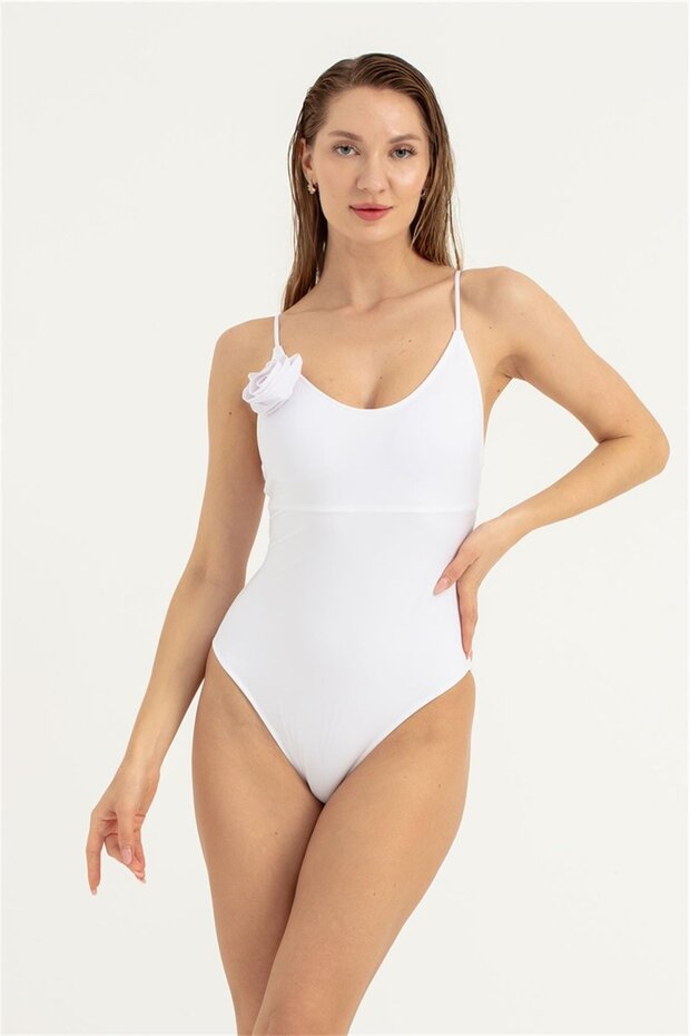 Women's White Cross-Back Strap Swimsuit with Rose Detail