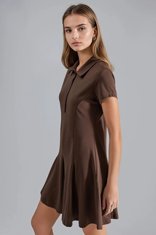 BUSEM Düğmeli Krep Gömlek Yaka Mini Elbise - 7