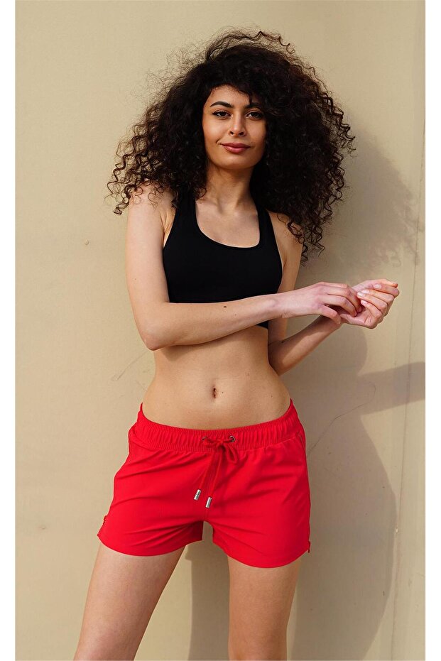 Women's Red Side Zipper Swim Shorts