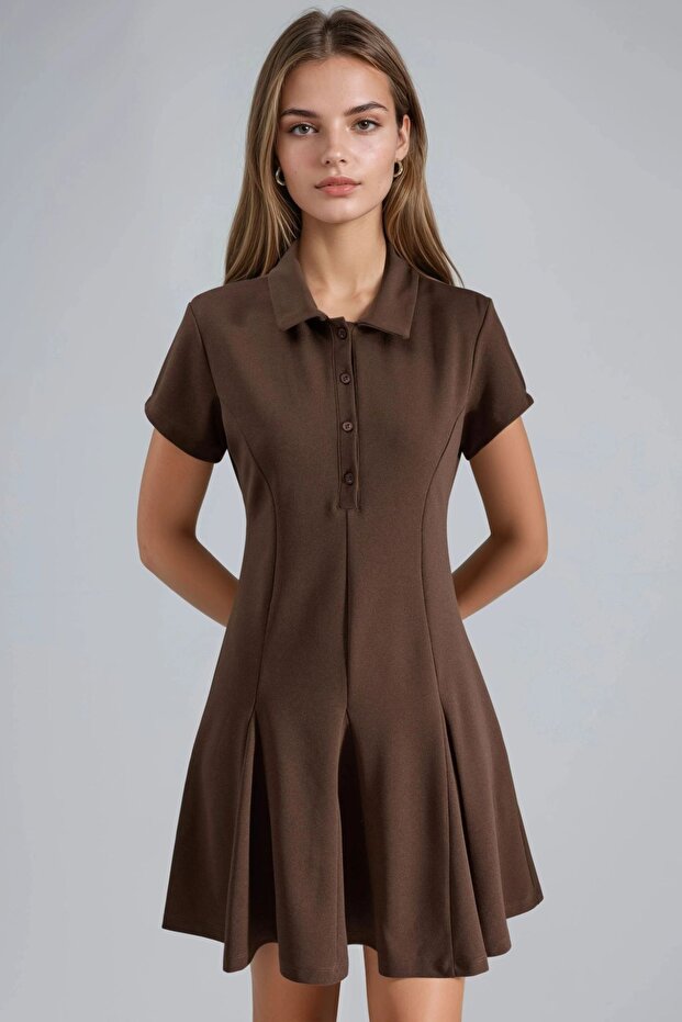 BUSEM Düğmeli Krep Gömlek Yaka Mini Elbise - 5