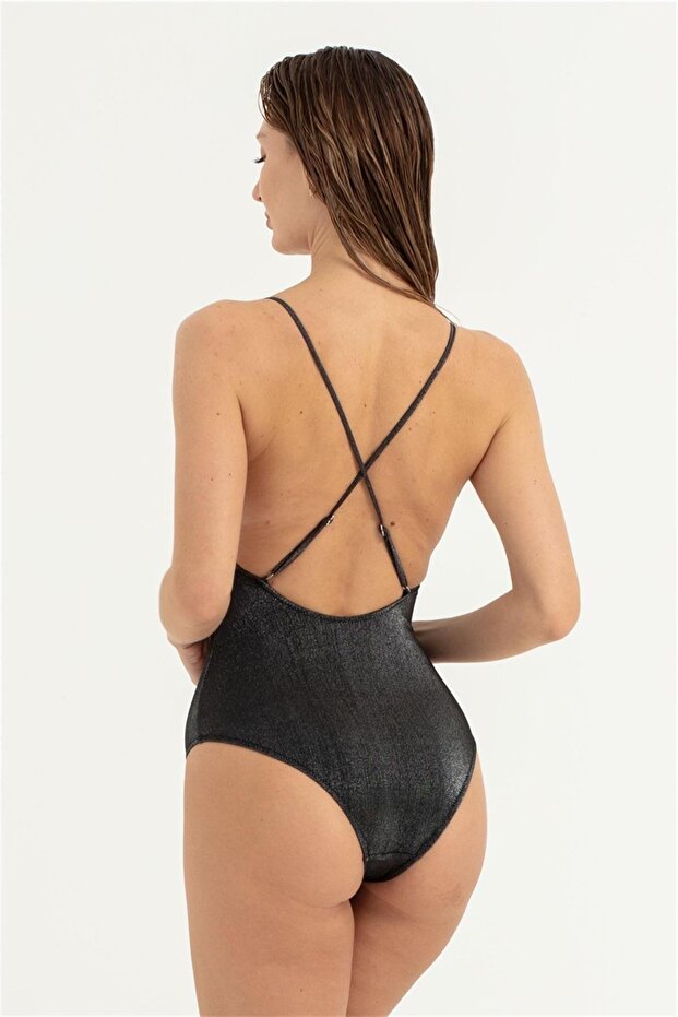 Women's Black Glitter Button Detail Swimsuit
