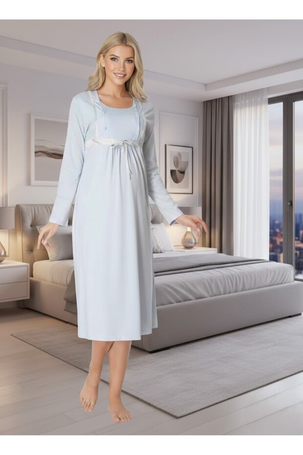 Women's Blue Long Sleeve Design Cotton Maternity Nightgown with Easy Breastfeeding Feature