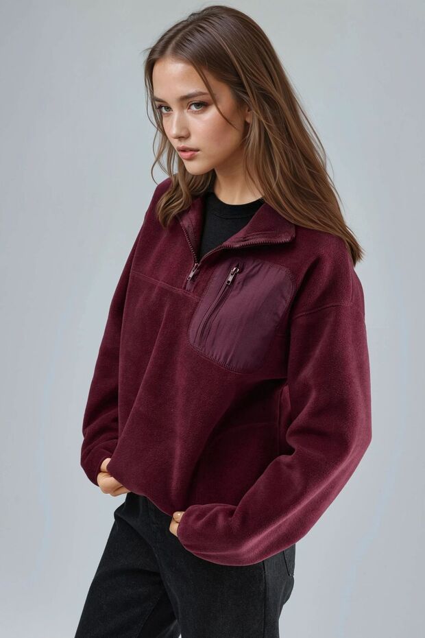 BUSEM Fermuarlı Yakalı Peluş Örme Sweatshirt, Cepli - 1