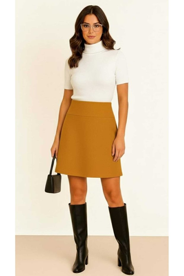 Above the Knee Mustard Thessaloniki Women's Flared Skirt High Waist Elastic Waist Casual Loose Comfortable Model