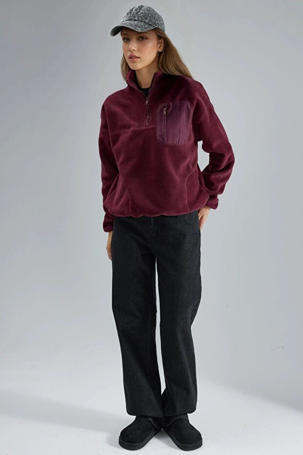 BUSEM Fermuarlı Yakalı Peluş Örme Sweatshirt, Cepli - 4