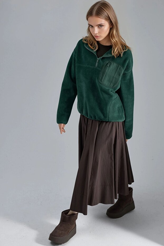 BUSEM Fermuarlı Yakalı Peluş Örme Sweatshirt, Cepli - 5