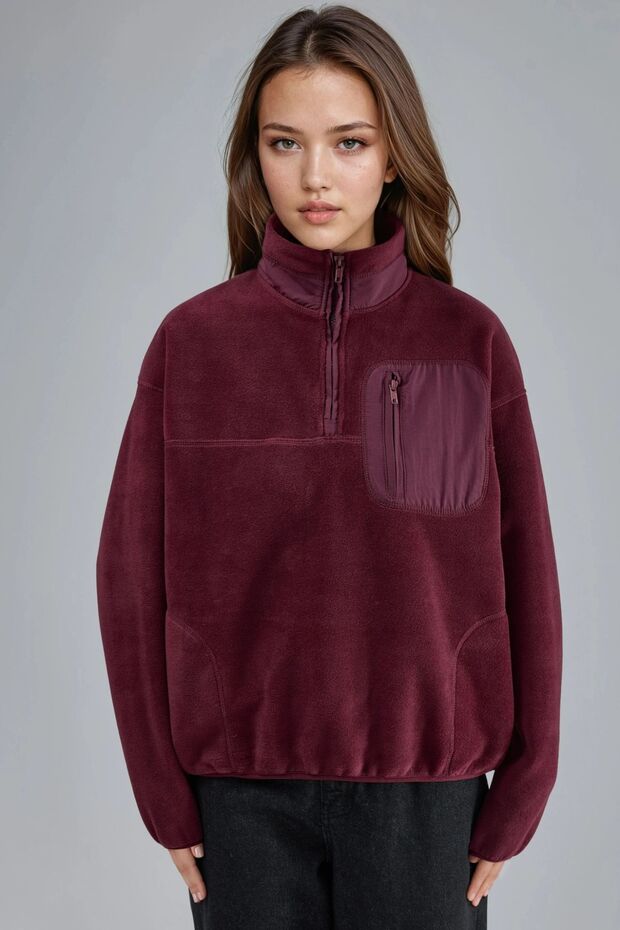 BUSEM Fermuarlı Yakalı Peluş Örme Sweatshirt, Cepli - 7