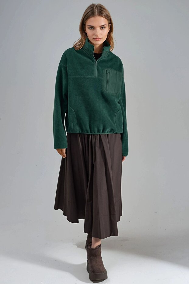 BUSEM Fermuarlı Yakalı Peluş Örme Sweatshirt, Cepli - 6